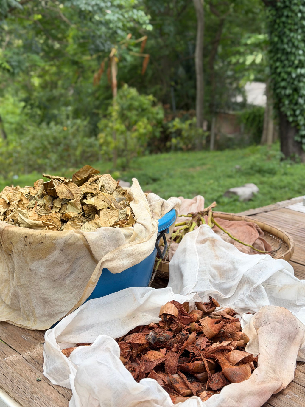 A rustic outdoor scene showing dried botanical materials, including brown bark or leaves in a white cloth-lined basket and a blue container, with more dried material in a woven tray, set on a wooden table with a blurred green garden background.