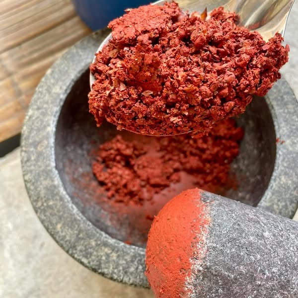 A close-up of a spoon filled with Anatto/Achiote above a stone mortar and pestle, with more powder visible inside the mortar.